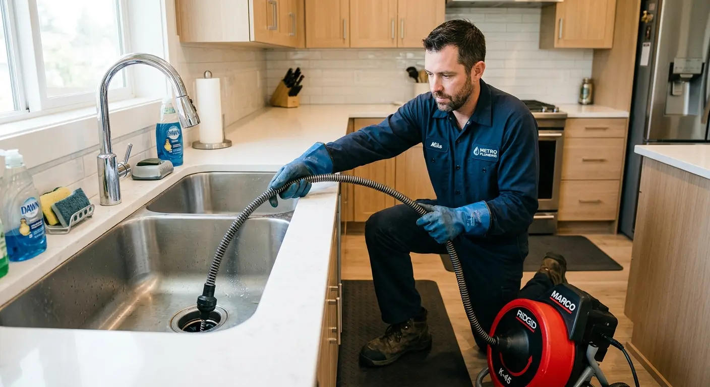 Drain cleaning technician using a motorized snake on a kitchen sink in Davidson