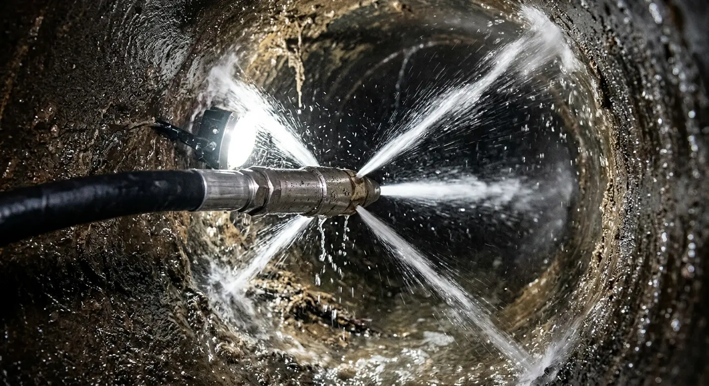 High-pressure hydro jetting nozzle cleaning sewer pipe for Sewer Cleanout in Davidson
