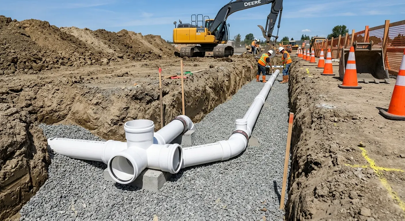 New PVC sewer pipe installation in open trench for Commercial Drain Cleaning in Davidson