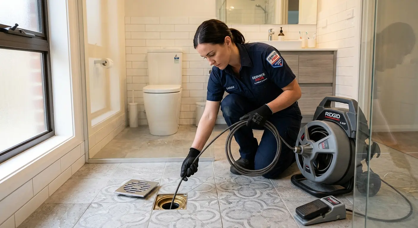 Technician clearing a bathroom floor drain for Hydro Jetting in Davidson